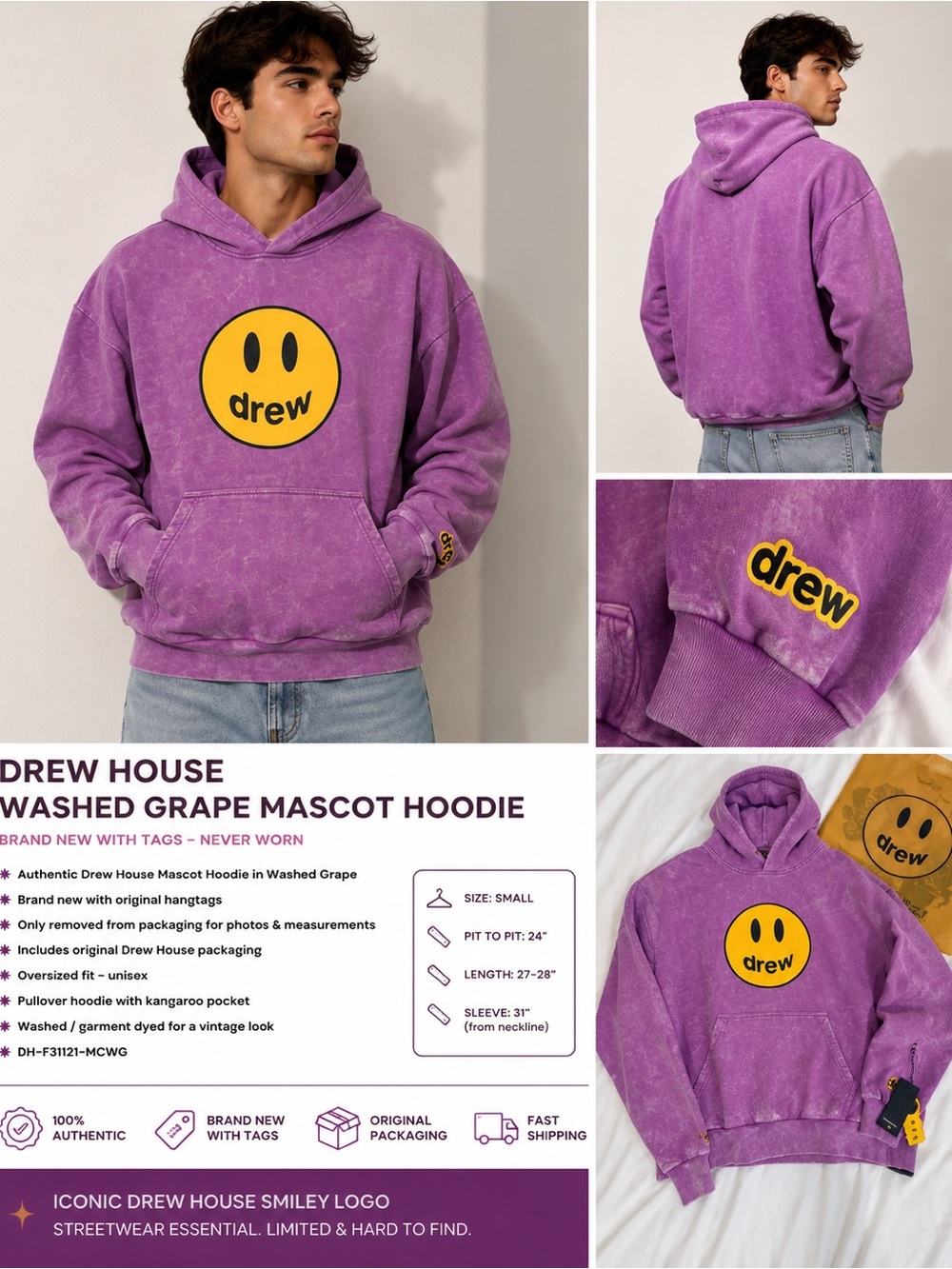 Drew House Washed Grape Mascot Hoodie Purple Smile Face NWT Size S